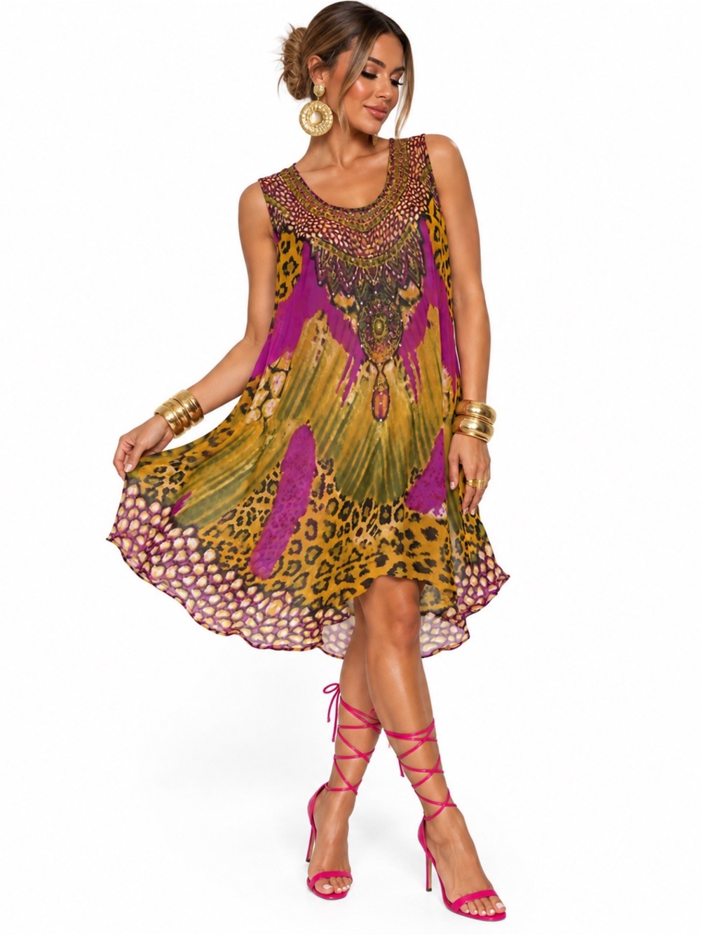 Uniti Casuals Vibrant Embellished Sheer Animal Print Dress Womens OS Artsy Boho